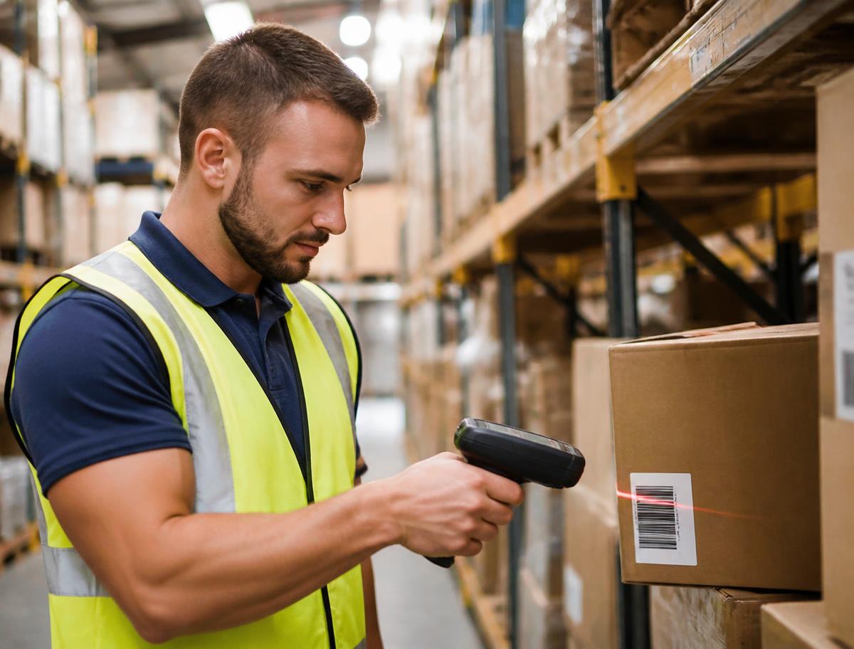 Warehouse operative scanning a package barcode in a Kelly Delivery sorting facility